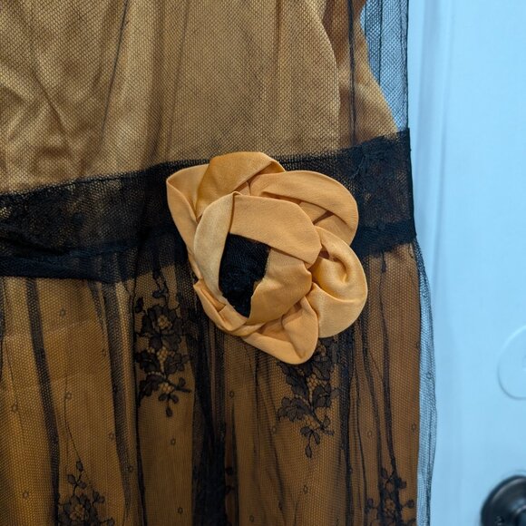 Antique Vintage 1920s Drop Waist Dress Orange Black Lace Medium Art Deco Flapper - Picture 5 of 9